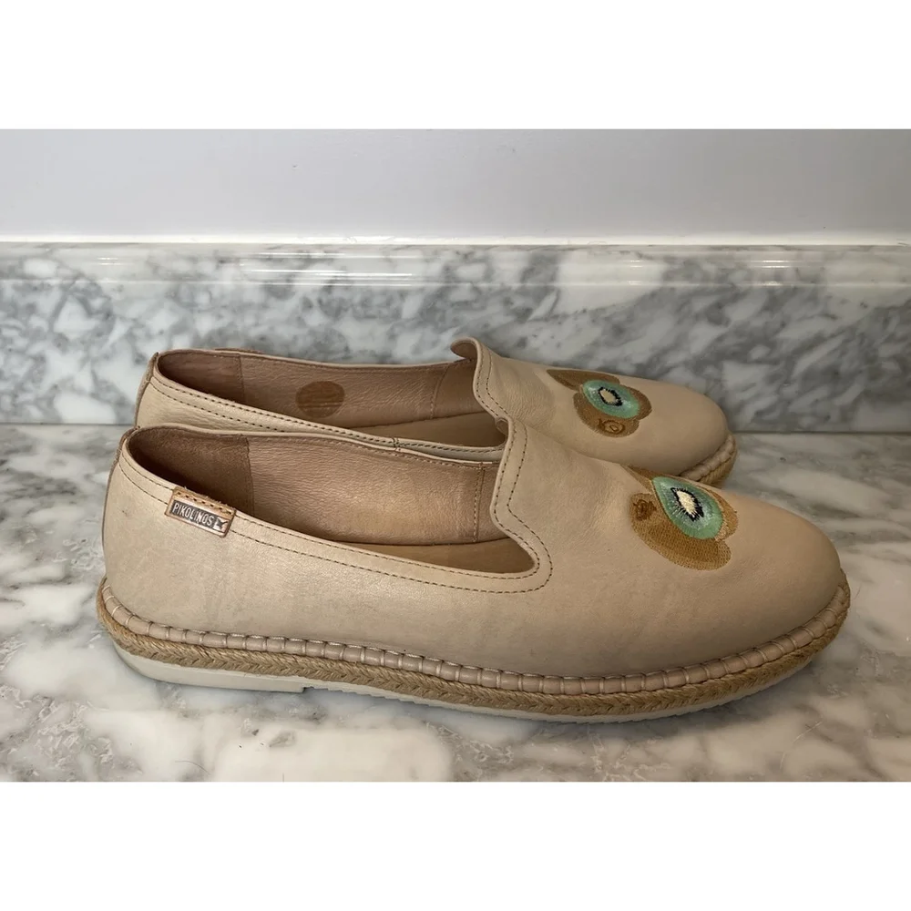 Pikolinos Women’s Leather Espadrille Loafers Size 42 Kiwi Fruit Embroidered
